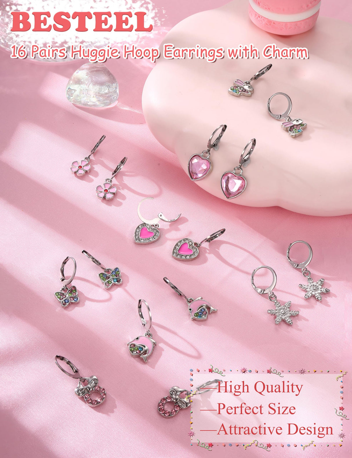 BESTEEL 16 Pairs Hypoallergenic Earrings for Girls Women Sensitive Ears Cute Surgical Steel Dangle Huggie Hoop Earings Set with Charm CZ Heart Animal Christmas Gifts Silver