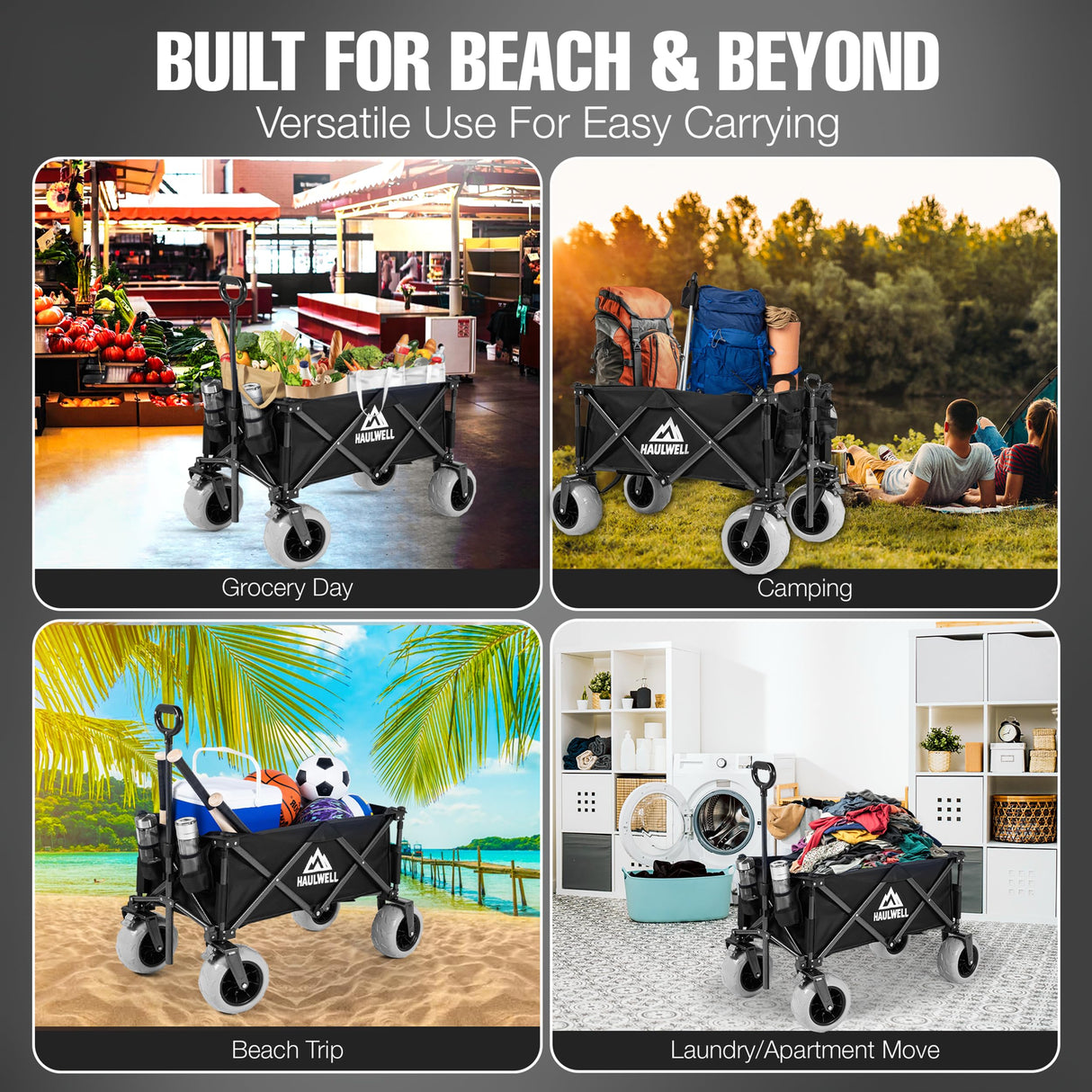 Beach Wagon with Big Wheels for Sand | Beach Cart for Sand | Collapsible Heavy Duty Beach Wagon for Kids, Camping & Outdoor | All Terrain Folding Cart | Haulwell | Black