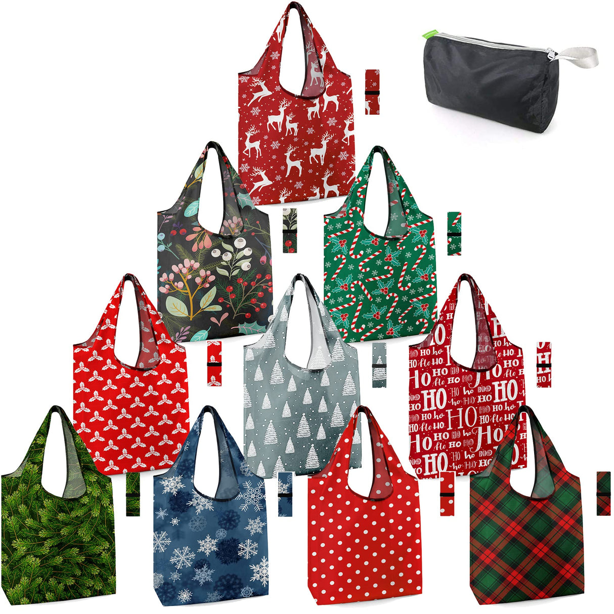 BeeGreen Christmas Reusable Grocery Bags 10 Pack Reusable Shopping Bags Bulk Christmas Gifts Tote Bags with Zipper Storage Pouch Elastic Band Foldable-Machine Washable