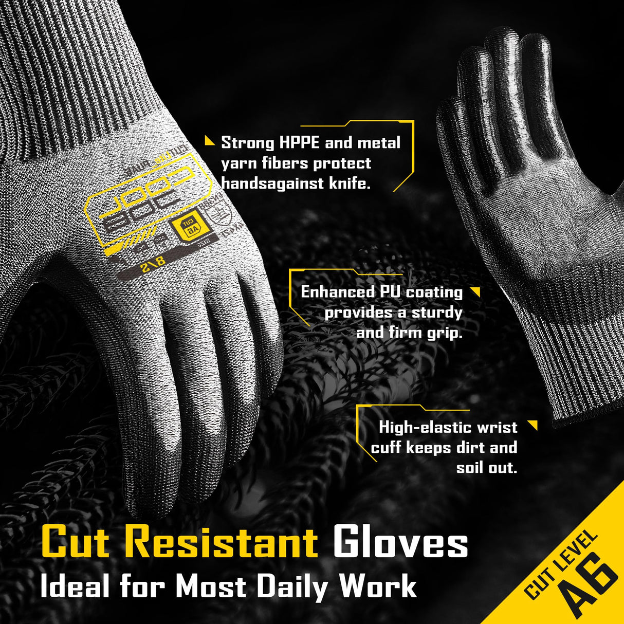 COOLJOB 12/120 Pairs A6 Cut Resistant Safety Work Gloves with Grip, Breathable & Lightweight Polyurethane PU Coated Protective Gloves for Wood Carving, Glass Handling, Mechanic Work, Gray Xlarge