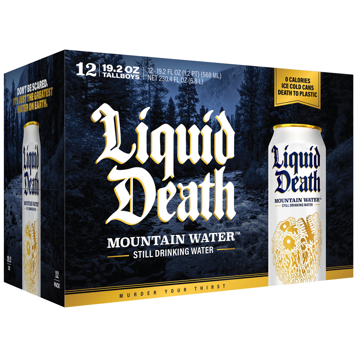 Liquid Death Still Mountain Water, Real Mountain Source, Ice-Cold Cans, Infinitely Recyclable, King Size 19.2 Fl Oz (Pack of 12)