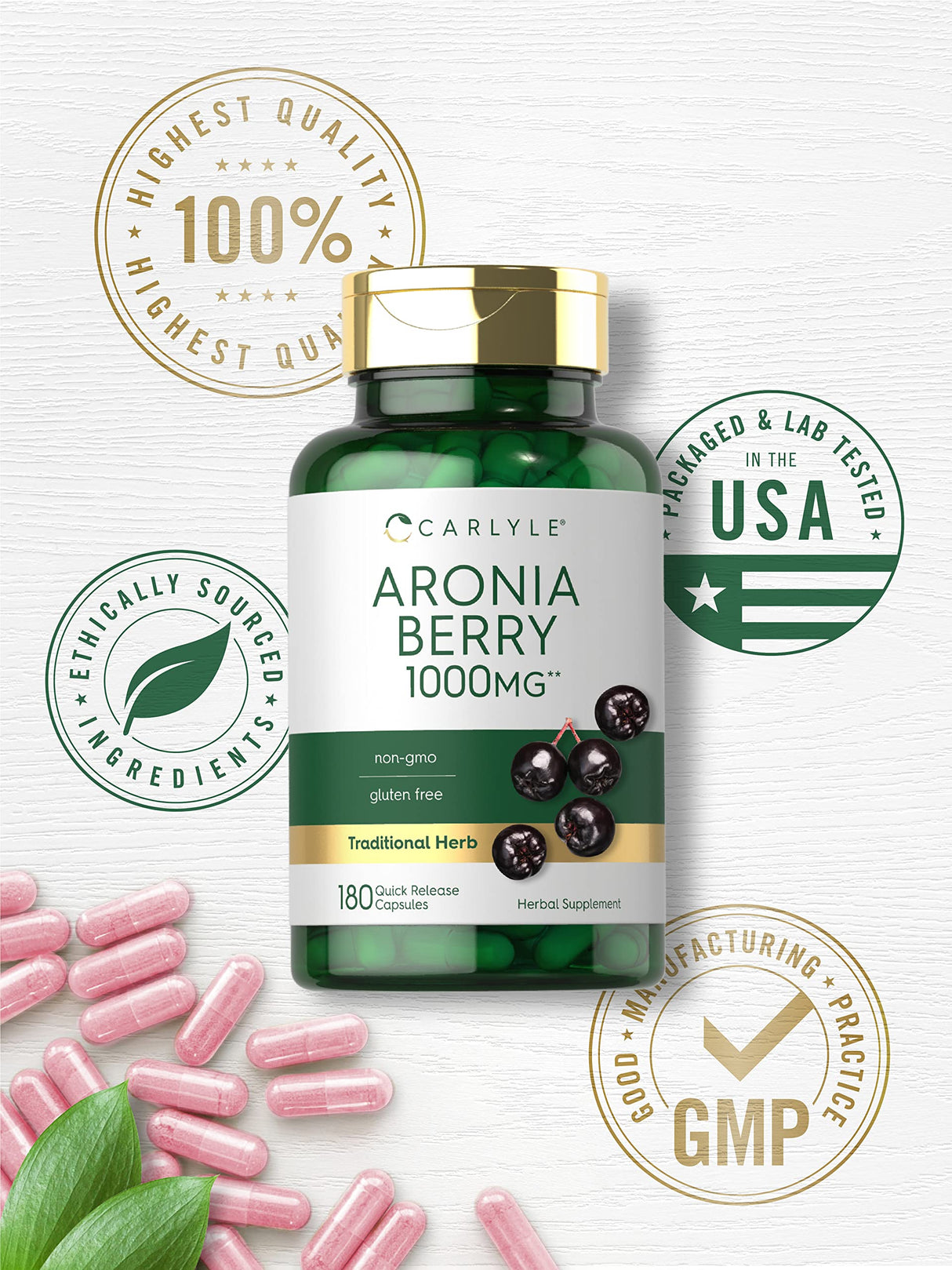 Carlyle Aronia Berry Capsules 1000mg | 180 Pills | Chokeberry Extract | Non-GMO & Gluten Free Supplement