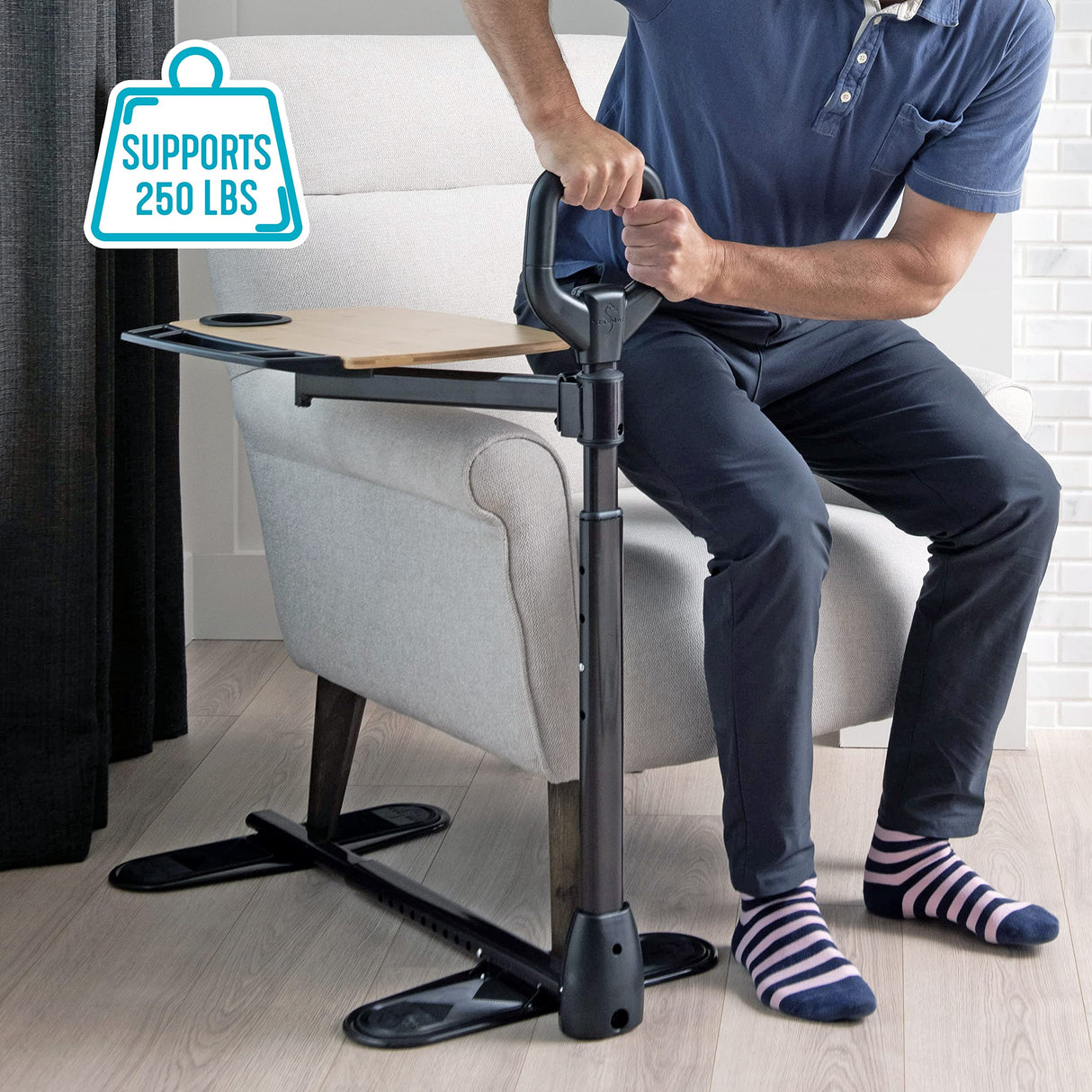 Able Life Comfortably Independent Tray Table Adjustable Bamboo Swivel TV and Laptop with Ergonomic Stand Assist Safety Handle, Living Aid, Brown