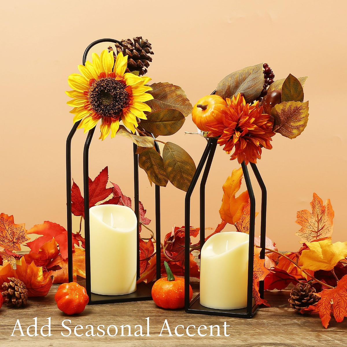Perfnique Modern Farmhouse Lantern Decor, 15'' 13'' Set of 2 Black Metal Lantern, 2 LED 6hr Timer Flameless Candles & Remote Timer, Lanterns Decorative for Outdoor, Home, Indoor, Patio, Christmas