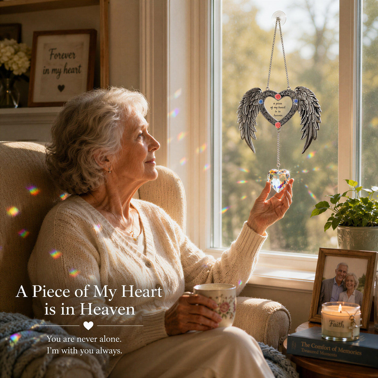 Sun Catcher Memorial Gifts A Piece of My Heart is in Heaven,Heavenly Wings Sympathy Gift for Loss of Loved One, Crystal Suncatcher for Windows, Bereavement & Grief Gift for Women, Remembrance Decor