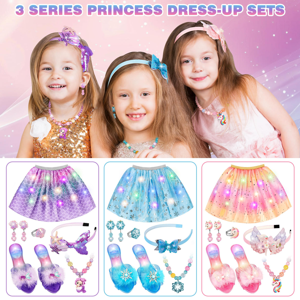 Princess Dress Up for Girls, Toddler Toys for Ages 3-8, 3 PCS Light Up Toddler Dress Up Clothes with Accessories, Kids Toys for 3 4 5 6 7 8 years Girl Christmas Halloween Birthday Gift
