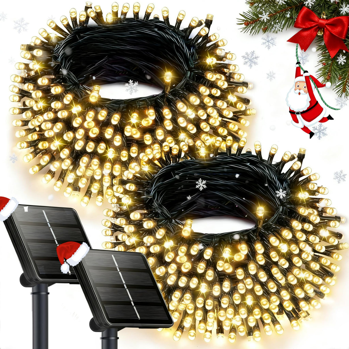 2PK 240LED 95FT Solar Christmas String Lights Outdoor Waterproof | Solar Christmas Tree Lights With 8 Lighting Modes Solar Light Outdoor For Xmas Party Garden Tree Christmas Decorations (Warm White)