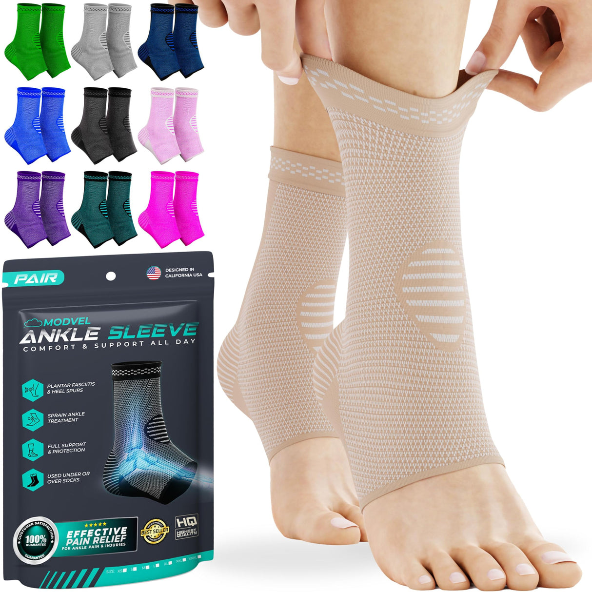 Modvel Foot & Ankle Brace Socks for Sprained Ankle Compression Sleeve - Plantar Fasciitis Relief Brace, Foot Support for pain Women & Men - Tendonitis & Arthritis Feet Sleeve, Stabilizing Ankles Wrap