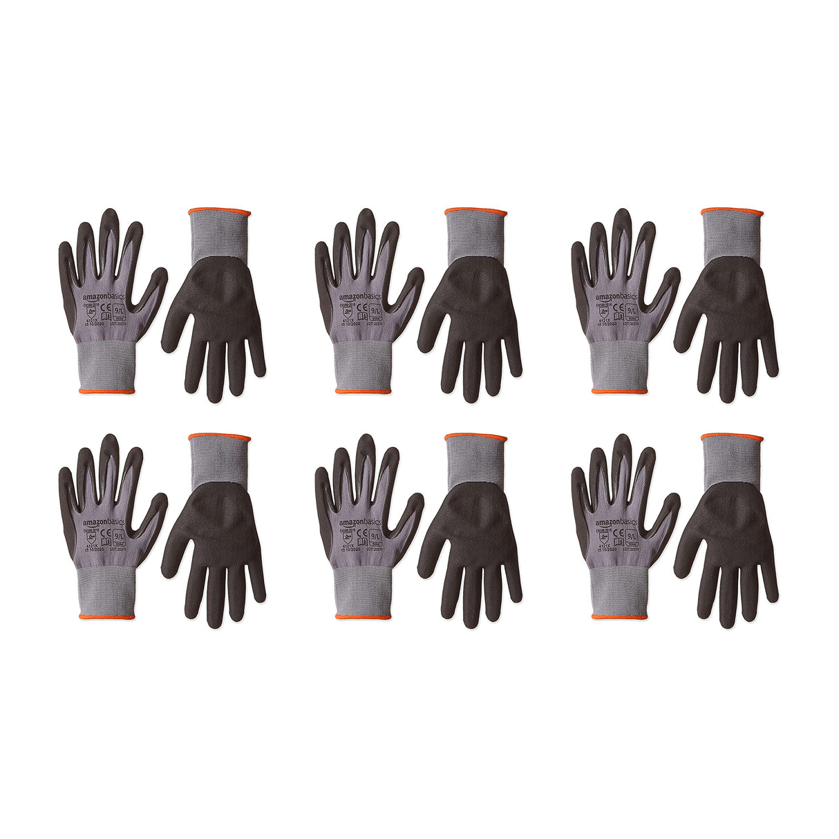 Amazon Basics Micro-Foam Nitrile Coated Safety Work Gloves, Nylon Liner Fiber, Touch Screen Compatible, Grey, Size 9, Large, 6-Pack