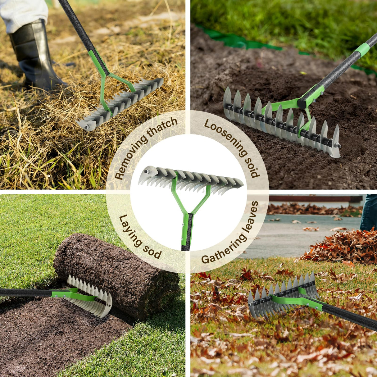 Thatch Rake, 13" Wide Efficient Dethatcher Rake with 55" Adjustable Long Handle, Heavy Duty Steel Metal Dethatching Rakes for Cleaning Dead Grass, Loosening Soil, Lawn Care in Yard Garden