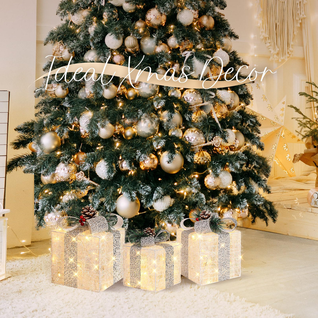 TOWPONICS Set of 3 Christmas Lighted Gift Boxes with Plug, Indoor Outdoor Christmas Decorations with 60 LED Warm White Mini String Lights, Present Boxes with Silver Tinsel for Xmas Tree Porch Decor