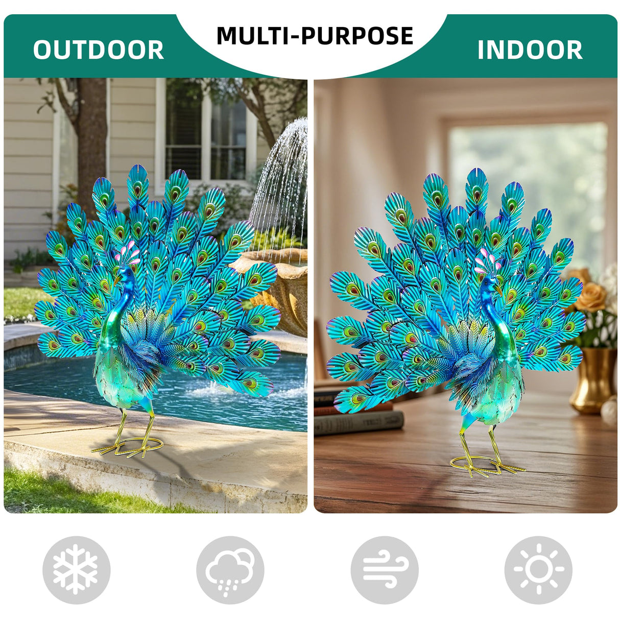 Autodaya 27.5" Metal Peacock Garden Statue with Spread Tail Yard Art