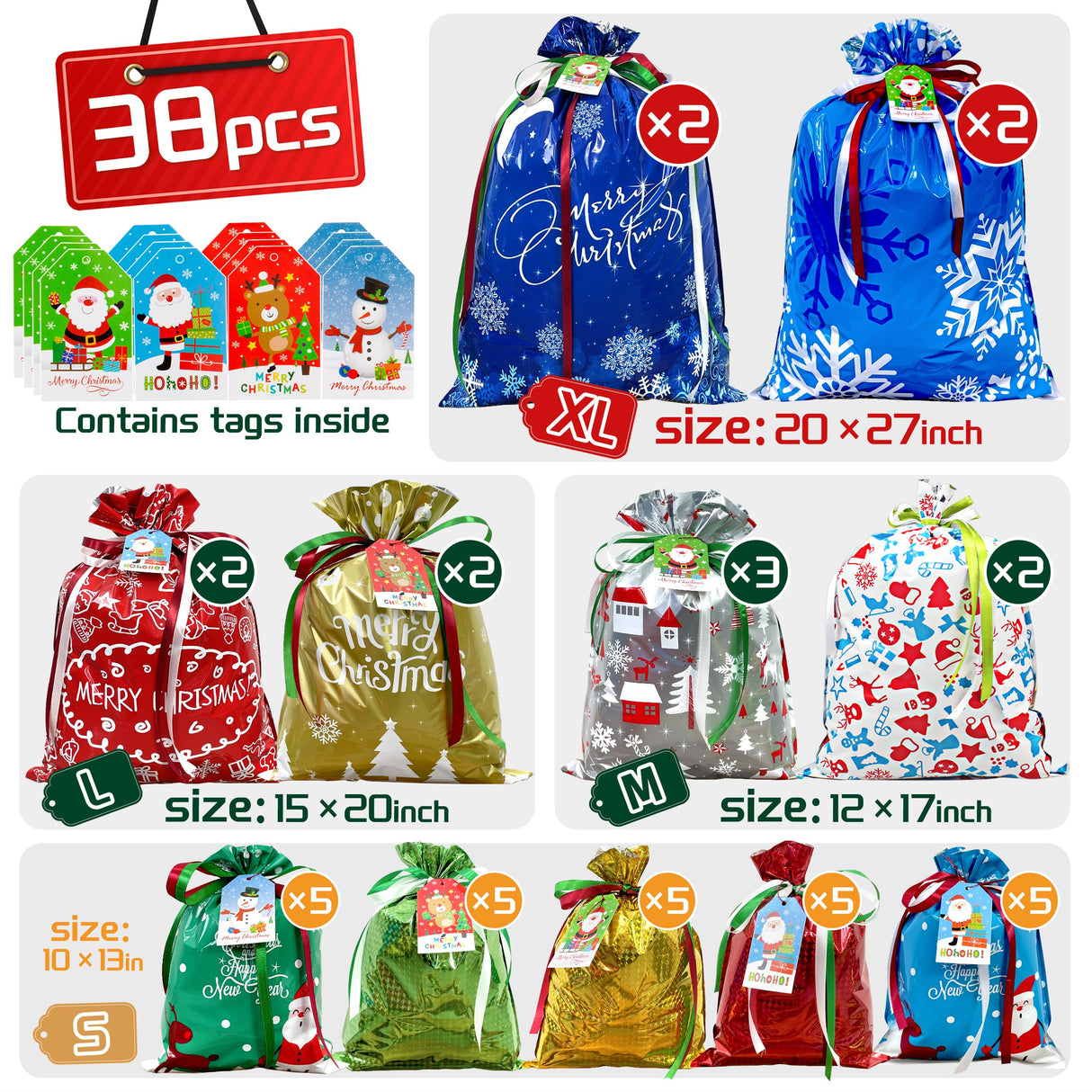 38PCS Christmas Drawstring Gift Bags Assorted Size Small Medium Large, Holiday Xmas Presents Wrapping Bags with Tags