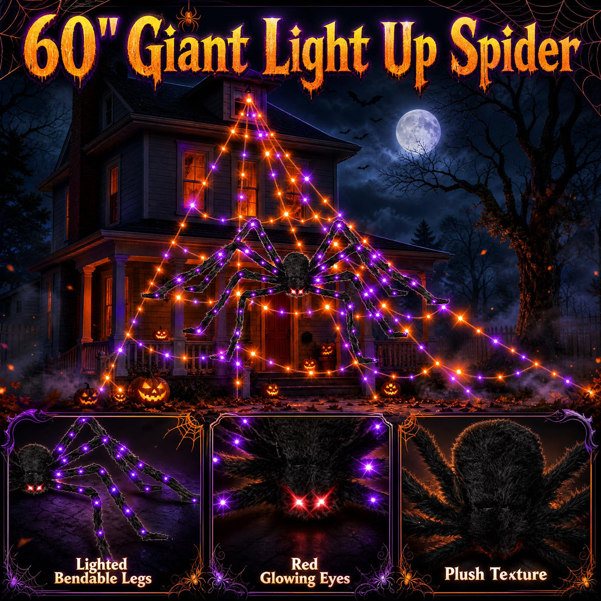 Halloween Decorations Outdoor Spider Web Lights - 550 LEDs Purple and Orange Remote Control Timer Plug in Giant Halloween Decor Cobwebs - 11 Modes Lighting Waterproof Yard Garden Party Decorations