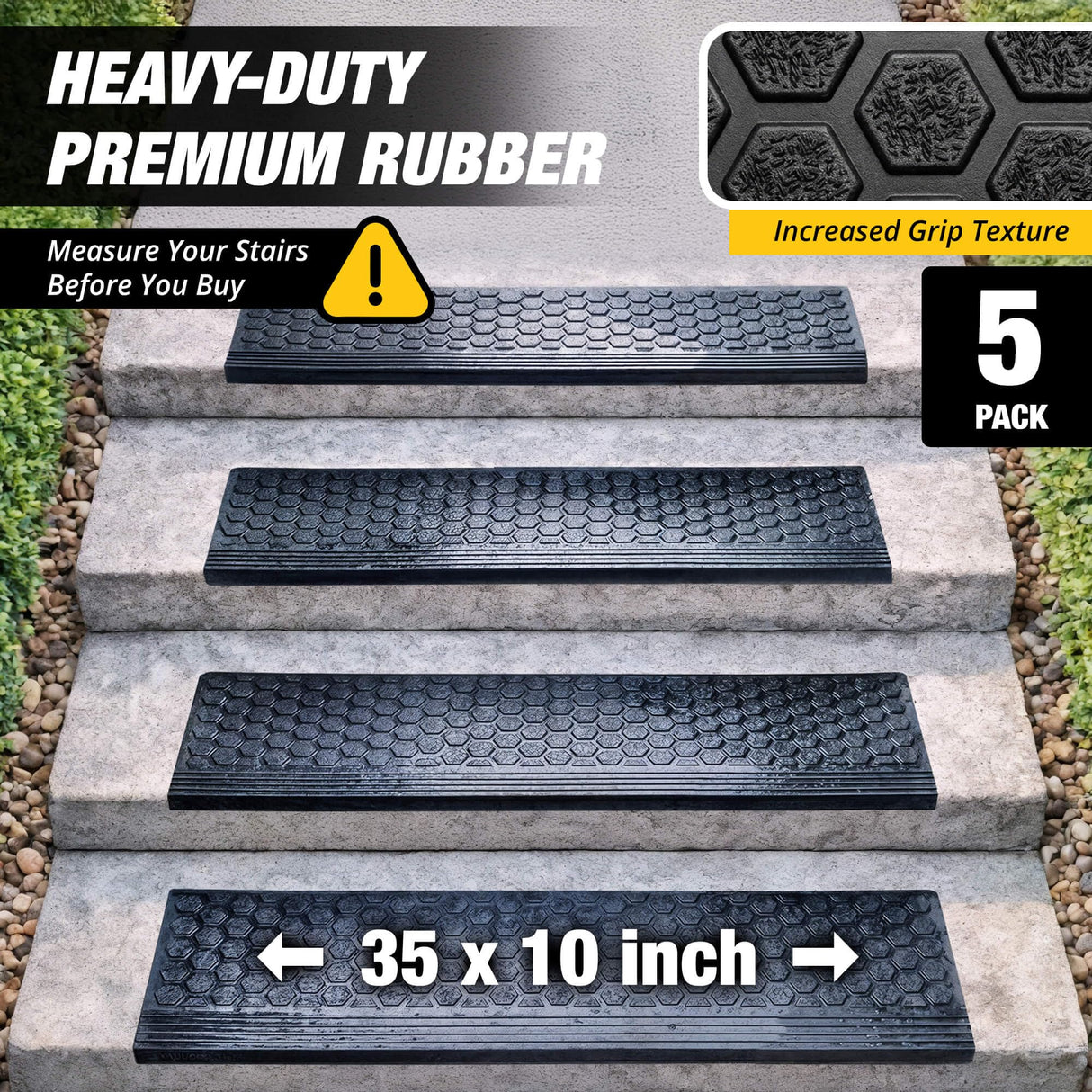 Rubber Stair Treads Outdoor 35"x10" 5-Pack - Heavy-Duty Outdoor Stair Treads Non-Slip Weather Resistant - Exterior Rubber Mats for Wooden Steps - Anti Slip Step Covers by Thunder Grip