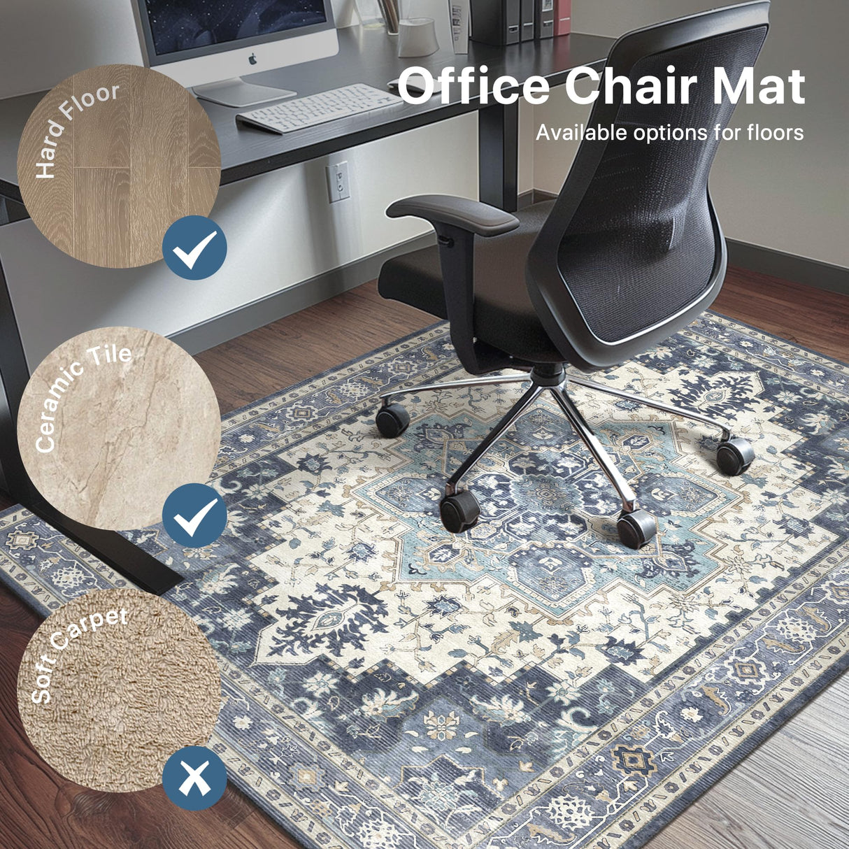 36"x48" Office Chair Mat for Hardwood Tile Floor, Under Desk Carpet Protector for Rolling Computer Chair Mat, Machine Washable Area Rug, Anti-Slip 1/5" Thick Low Pile Thin Vinyl Floor Mat, Navy