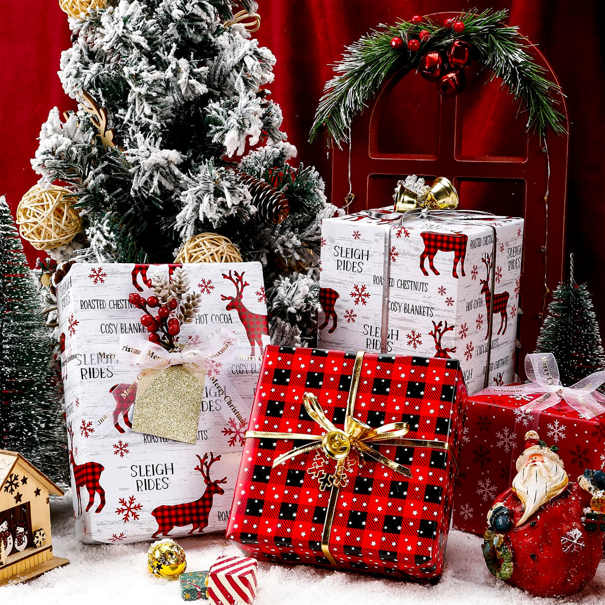 WRAPAHOLIC 30 Inch Christmas Wrapping Paper Roll - Jumbo Roll Rustic Holiday Woodland Scenes - Snowflake, Plaid, Reindeer - 4 Rolls - 30 Inch x 120 Inch Per Roll