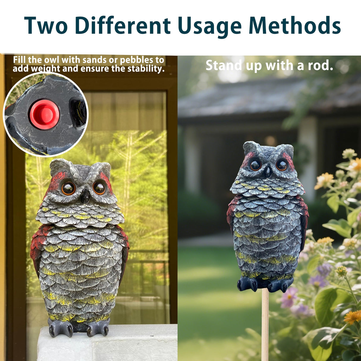 Owls to Keep Birds Away, Solar Owl Decoys to Scare Birds Away, Small Fake Owl for Bird Control, Resin Owls Outdoor Decor with Rotating Head and Lighted Eyes, Animal Deterrent for Outside, Garden