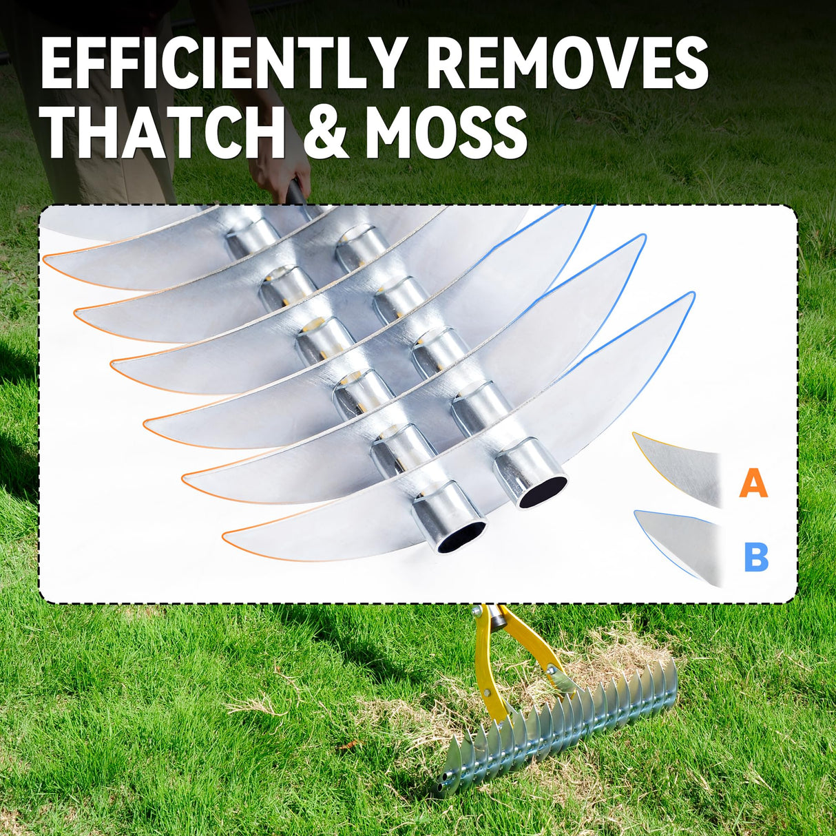 Thatch Rake for Lawn with 74inch Handle, 15 inch Dethatcher Rake for Grass to Cleaning Dead Grass, Efficient Steel Metal Rake for Dethatching, Heavy Duty Thatching Rakes for Garden, Yard