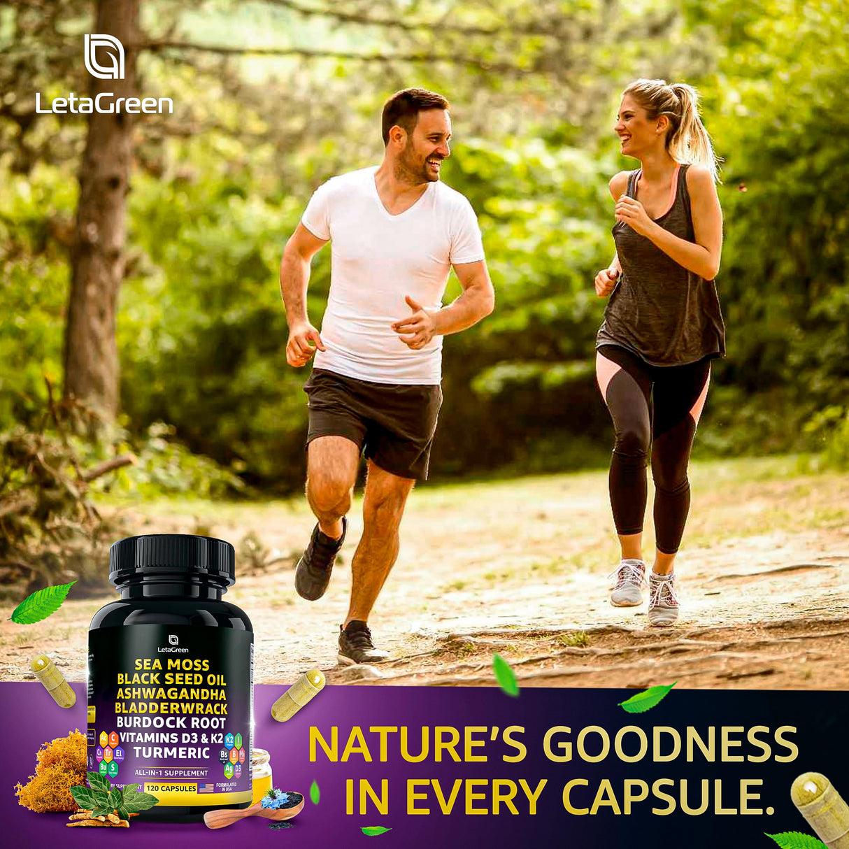 LetaGreen Sea Moss Black Seed Oil Ashwagandha Bladderwrack Burdock Turmeric & Vitamin C, D3, K2 with ACV Elderberry Manuka Honey Dandelion Yellow Dock Iodine Chlorophyll 240 Count