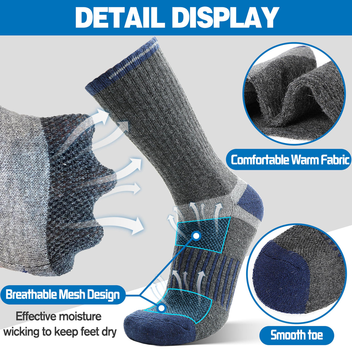MOGGEI Merino Wool Hiking Socks for Men Warm Thermal Winter Cozy Work Crew Socks Gifts Stocking Stuffers 5 Pairs (Dark Pinstripes A,L)