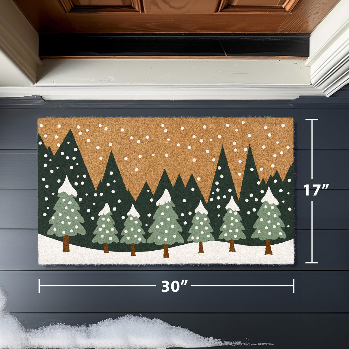 Barnyard Designs Natural Coco Coir Christmas Doormat - Large Cute Non-Slip Heavy Duty Backing Door Mat for Outside Entrance or Porch Entry, Brown (17x30, Winter Snow Forest)