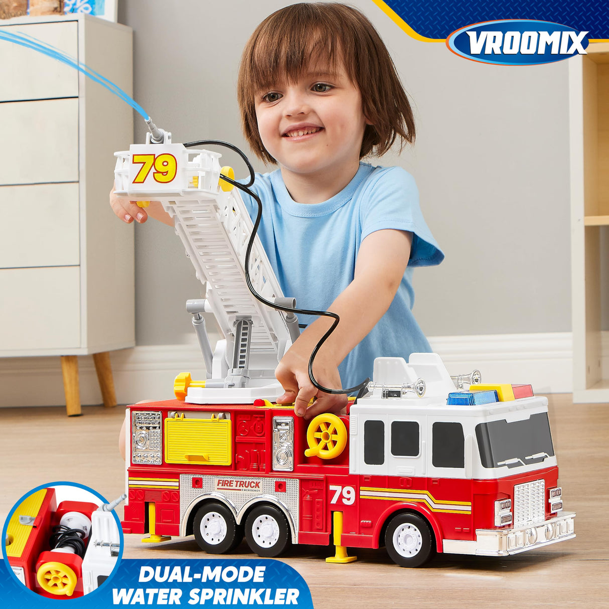 Extra Large Toddler Fire Truck Toys for Boys with 33-inch Ladder, Realistic Sirens, Lights & Sprinkler Pump, Big Firetruck Emergency Vehicle, Kids Toys for Age 3, 4, 5, 6, 7, Christmas Birthday Gift