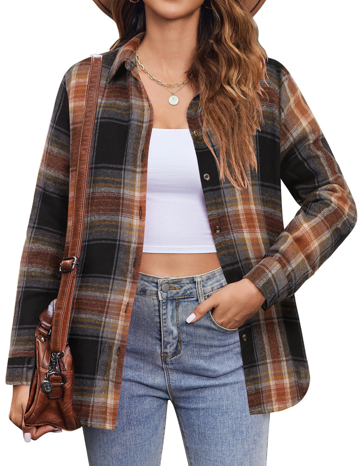 Zeagoo Plaid Shirts for Women Button Down 2025 Dressy Sandy Brown Flannel Christmas Shirts CollaSandy Brown Cotton Blouse Tops