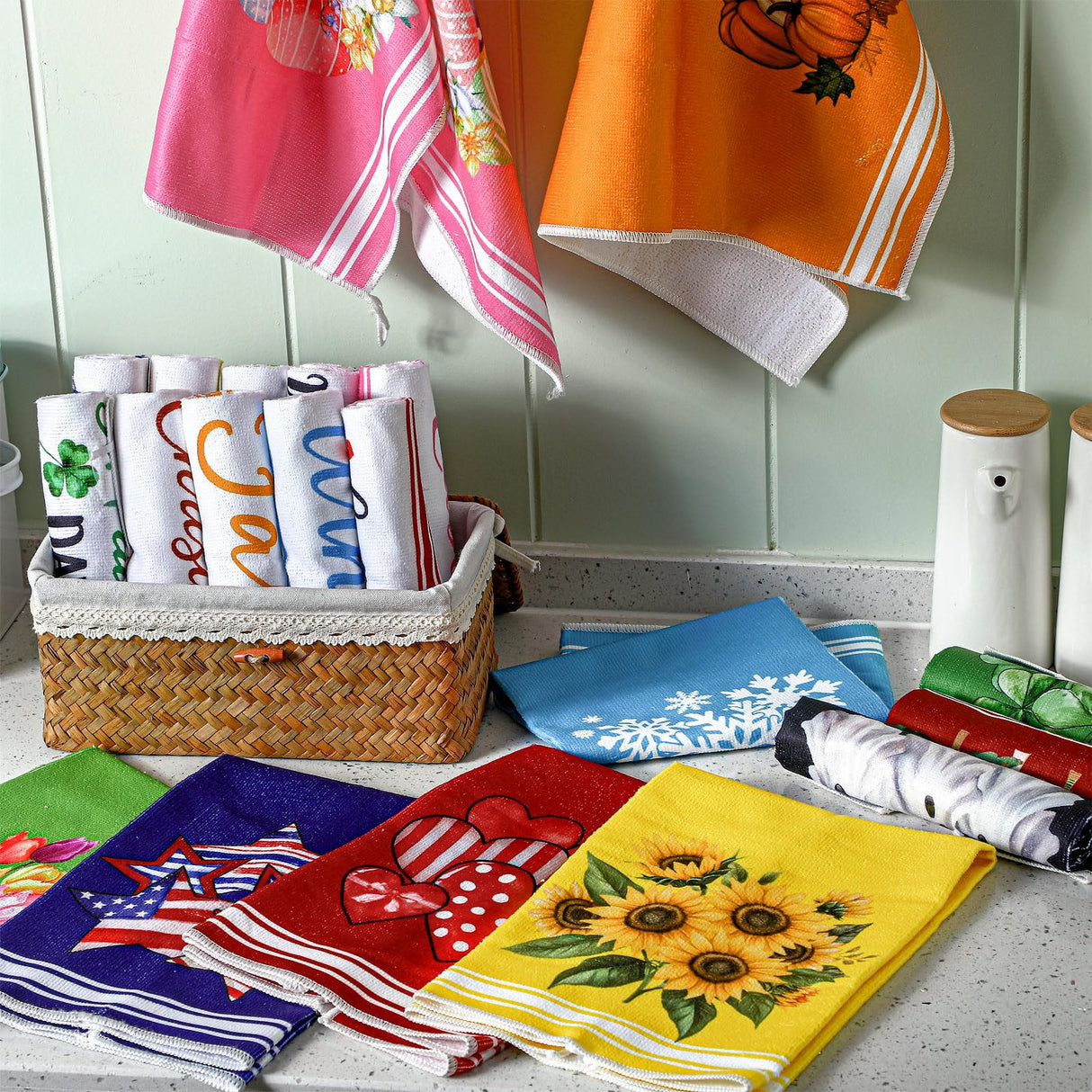 FuWeave 20 Pcs Holiday Kitchen Towels Seasonal Decorative Hand Towels Set Christmas Dish Cloths Winter Valentine's Day 16 x 24 Colorful Wash Cloths with Hanging Loop(Fresh)