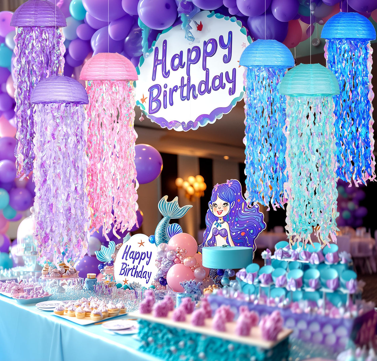 OBXT 10" Mermaid Jellyfish Lanterns – Pink Purple Blue Decorations for Mermaid Birthday Party, Under the Sea Theme, Baby Shower, Ocean & Beach Room Hanging Decor (Set of 6)