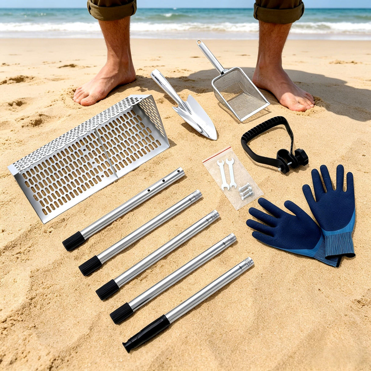 Large Stainless Sand Flea Rake Shark Tooth Sifter Comes Long Handle Sand Sifter for The Beach, 5-Section with Hand rake 16-Inch Wide Mesh Screen for Collecting Fleas , Shark Teeth, and Seashells