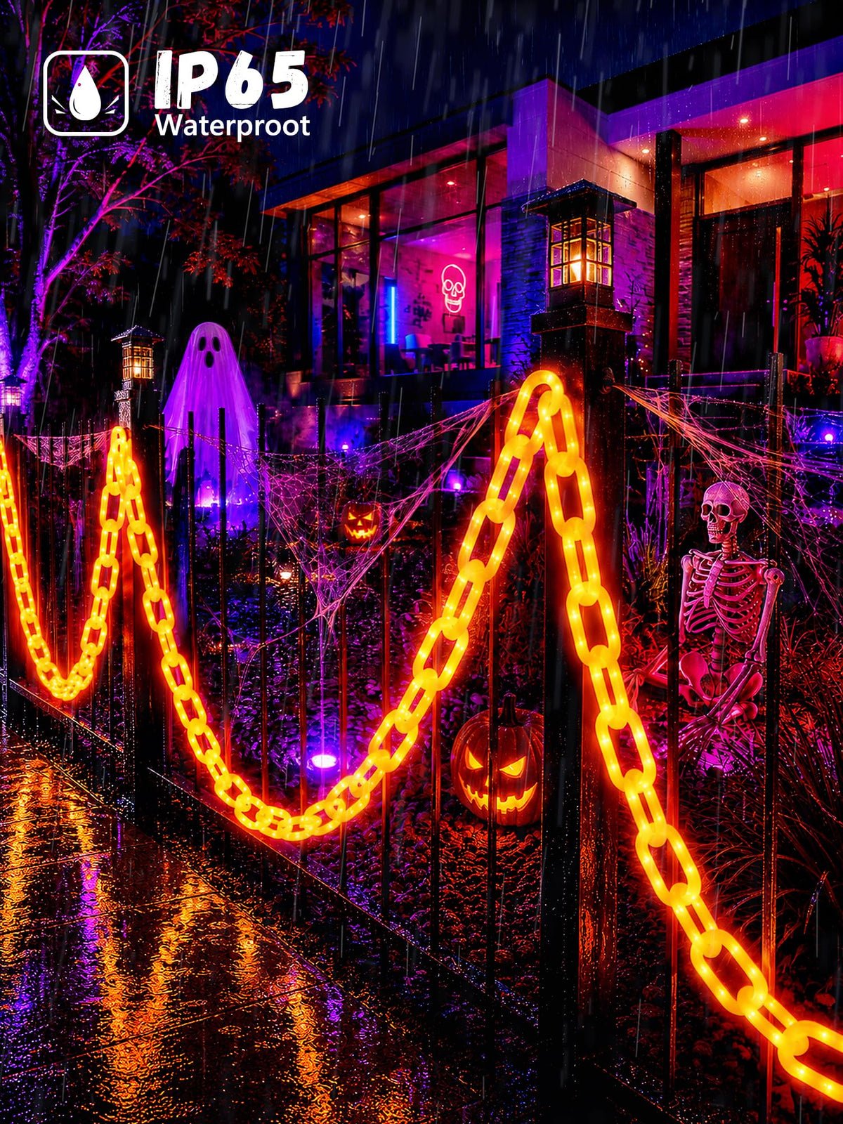 Battery Halloween Chain Lights 10 FT 160 LED Orange Light-Up Plastic Timer