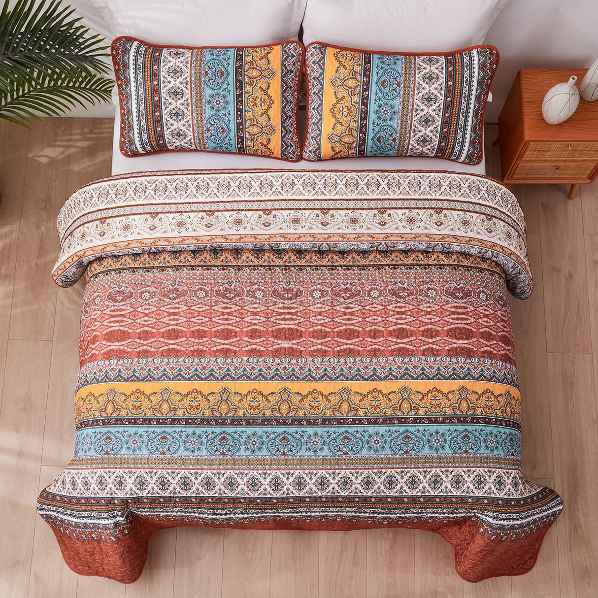 WONGS BEDDING Boho Quilt Set King Size Burnt Orange, 3 Pieces Fall Striped Bedspread Coverlet Set, Christmas Halloween Soft Lightweight Microfiber for All Season(104"Ć90")