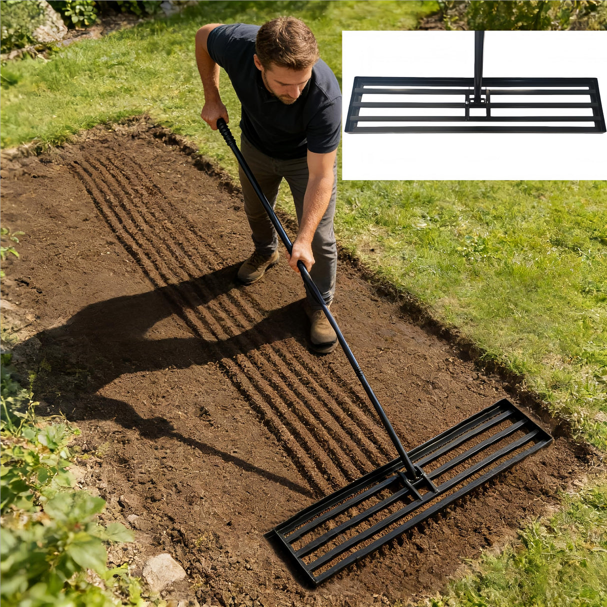 Lawn Leveling Rake, 42” x 10” Leveling Rake,Lawn Leveler w/ 72” Long Non-Slip Handle, Level Lawn Tool for Grass, Golf Field, Level Soil or Dirt Ground