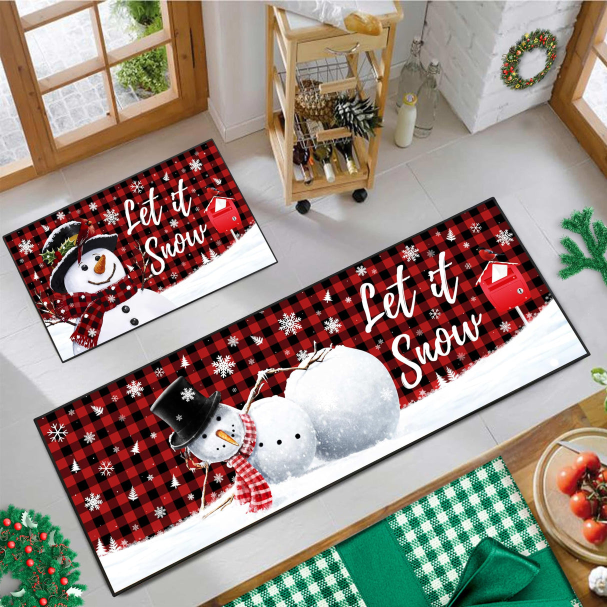 JWXCBIM Let It Snow Christmas Snowman Kitchen Rugs and Mats Set of 2, Buffalo Plaid Winter Snowflake Xmas Holiday Home Kitchen Decor Floor Mats, Washable Non-Slip Sink Carpet 17x30+17x47 Inches