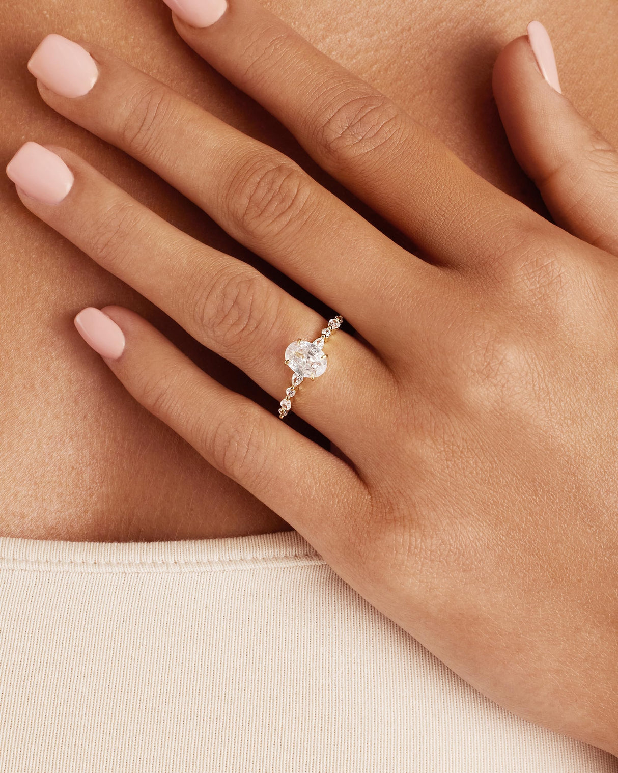 PAVOI 14K Yellow Gold Plated 1.25CT Oval Cubic Zirconia Promise Engagement Ring | Solitaire Wedding Bands | Halo Engagement Ring for Women | Size 7