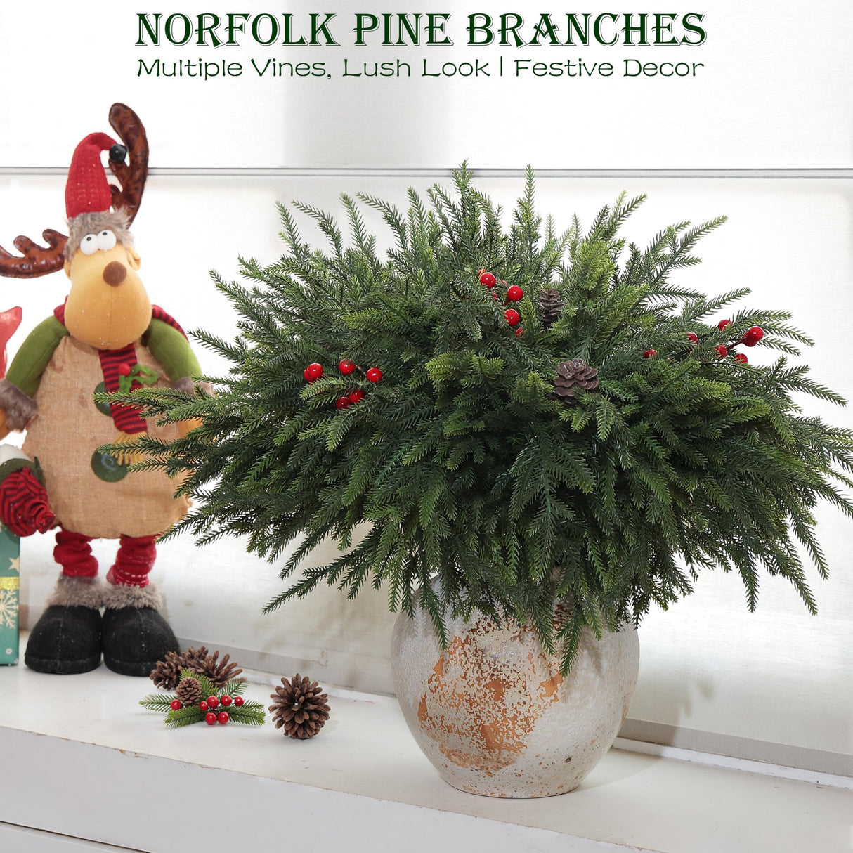 WHANLEY L&Q 20-Piece Set 23" Christmas Norfolk Pine Branches with Lights - Battery Operated Christmas Decorations - Warm Lights -Norfolk Pine Stems for Xmas DIY Crafts Garland Wreath- Christmas Decor