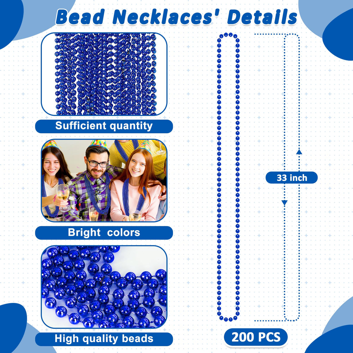 Huskein 200 PCS Beaded Necklace, 33" Mardi Gras Beads, Blue Bead Necklace, Mardi Gras Accessories, Parade Beads Bulk for Hanukkah Christmas Pirate Birthday Gender Costume Party Supplies