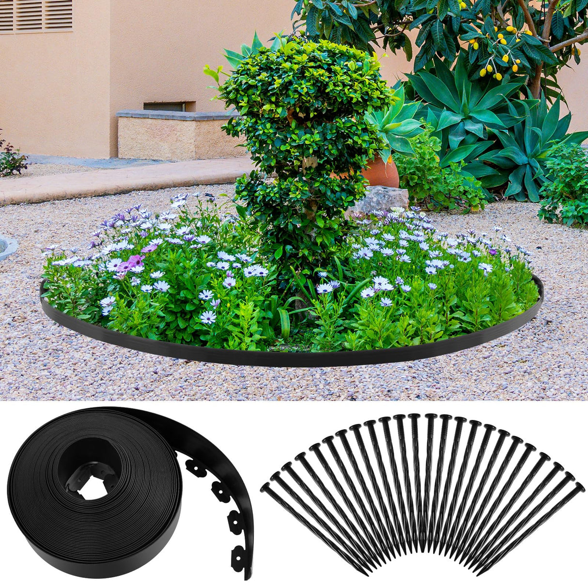 Chapou 6'' x 100' Landscape Edging Kit Plastic Garden Edging Border Coil No Dig Include 90 Anchoring Spikes for Lawn Garden Grass Yard Home School, Black