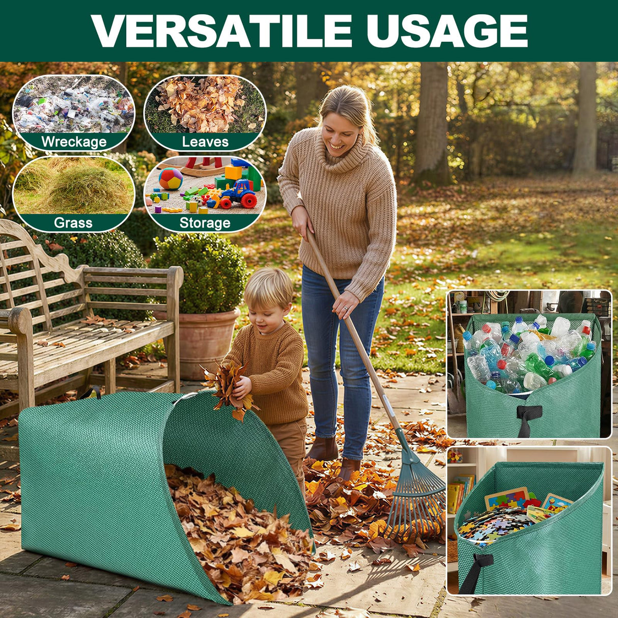 60 Gallon Large Leaf Collector, Dustpan-Style Lawn and Leaf Bags, Collapsible Yard Waste Bags Easy Storage & Transport, Reusable Leaf Pick Up Garden Bag for Leaves Grass Debris Lawn Trash