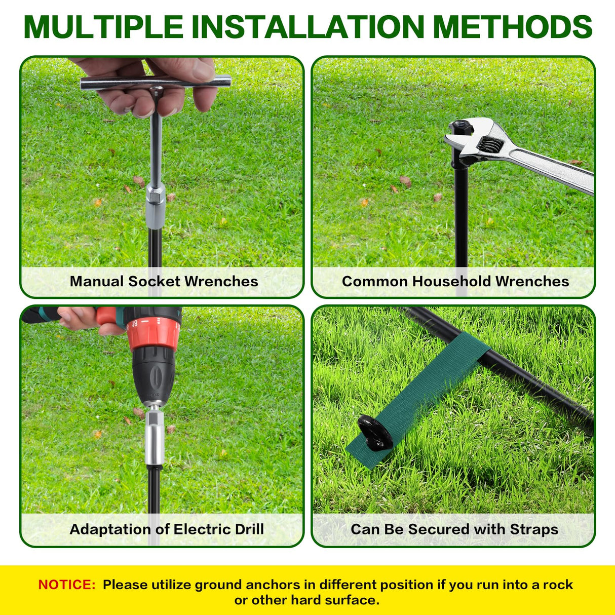 Qimshemi 18-Inch Ground Anchors Screw in Heavy Duty, 4 Pack Shed Anchor Kit with Wrenches and Straps, High Wind Trampoline Anchors & Stakes for Swing Sets, Camping Tent, Carport, Plants, Mobile Home