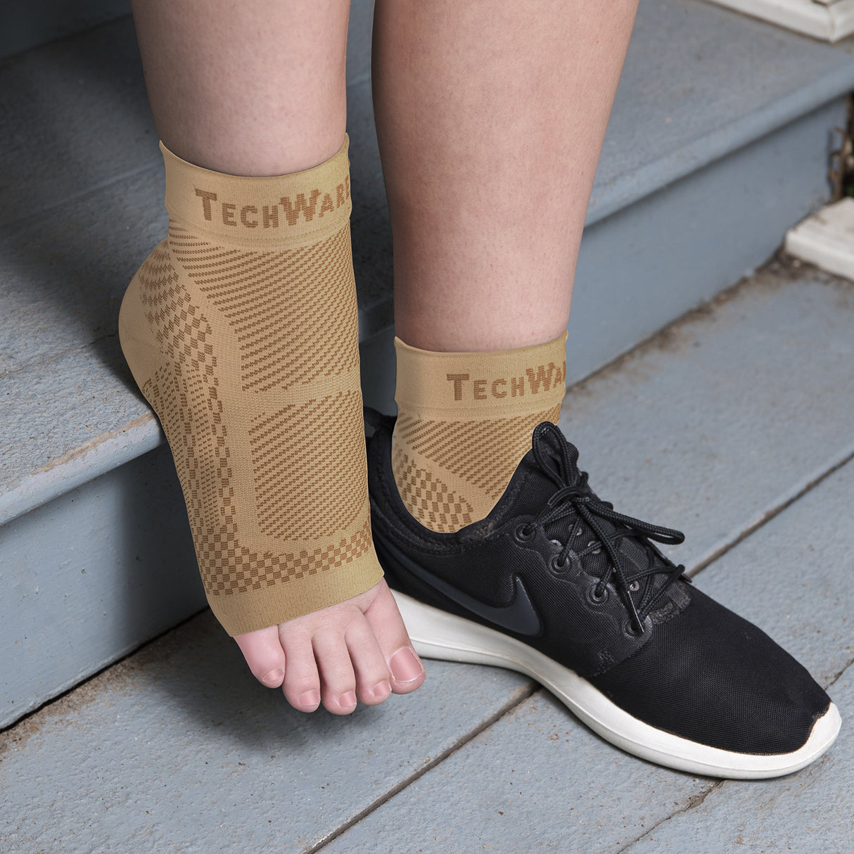 TechWare Pro Ankle Brace Compression Sleeve - Relieves Achilles Tendonitis, Joint Pain. Plantar Fasciitis Foot Sock with Arch Support Reduces Swelling & Heel Spur Pain. (Beige, L/XL)