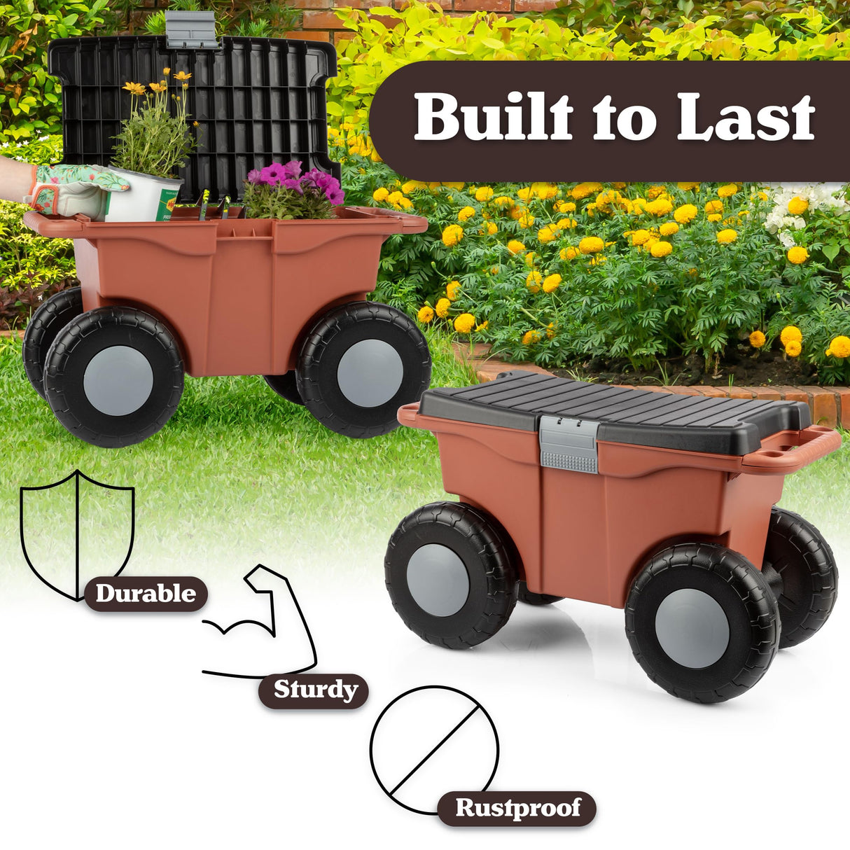 Pure Garden Rolling Garden Cart with Seat, Terracotta