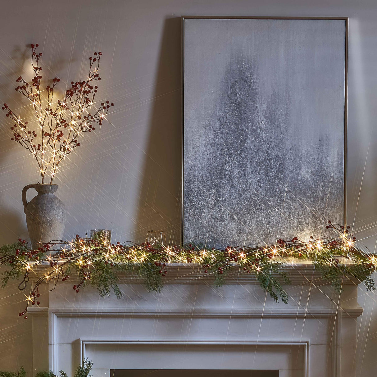 LITBLOOM Lighted Red Berry Branches 80 LED Fairy Lights with Timer, Twig Branches with Lights 32IN Battery Operated and USB Plug in for Home Fireplace Christmas Decoration