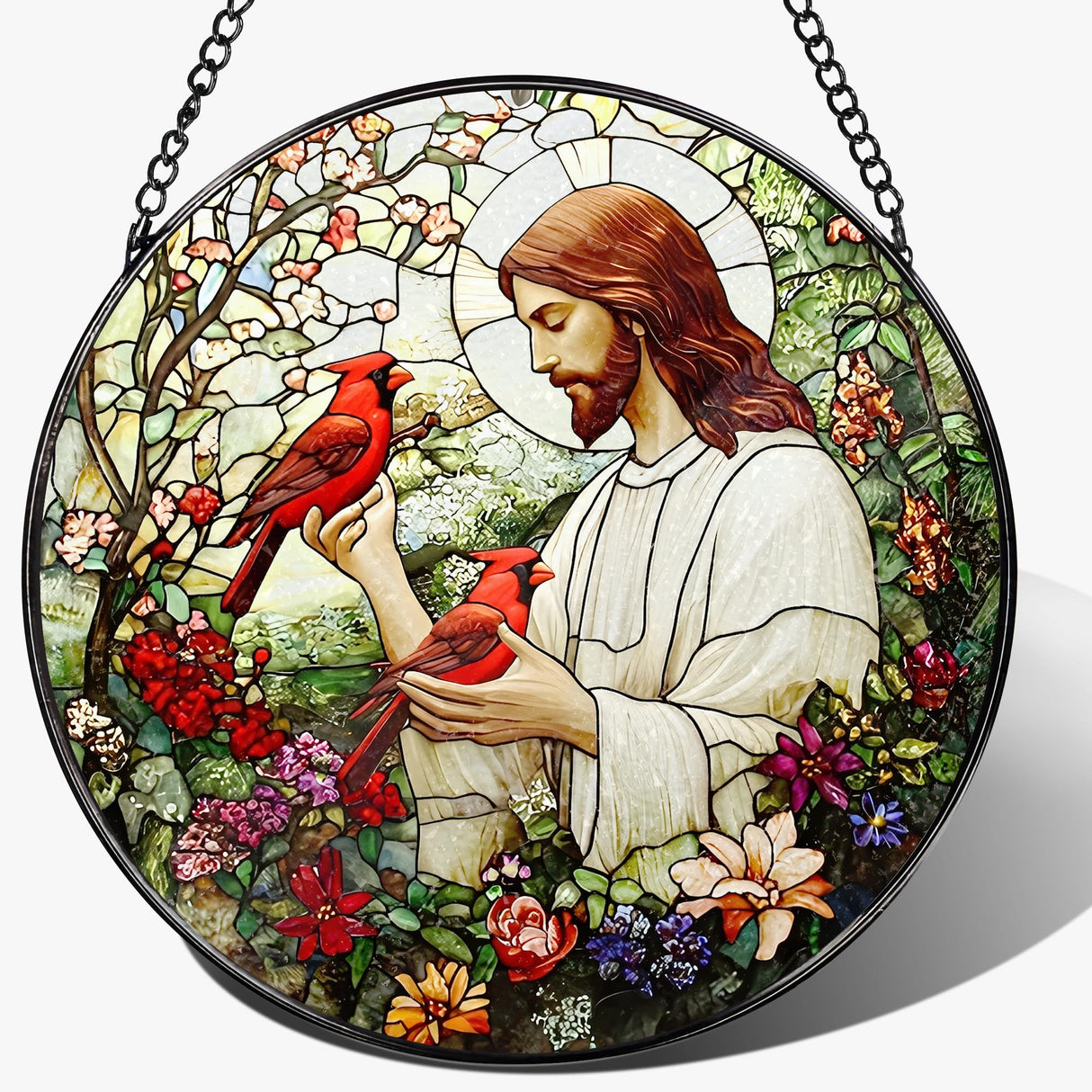 8-Inch Jesus with Cardinals Suncatcher Ornament, Stained Glass Window Hanging & Religious Christmas Ornament, Christian Window Decor ā Memorial Gift, Christian Gifts for Her, Religious Gifts