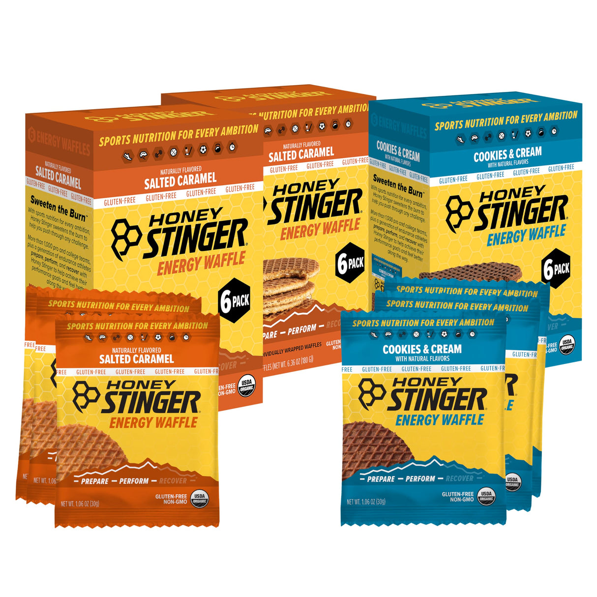 Honey Stinger Organic & Gluten Free Energy Waffle Variety Pack, 12 Salted Caramel and 6 Cookies & Cream Waffles, Nutritious Stroopwafel Snack for Exercise, Endurance and Performance