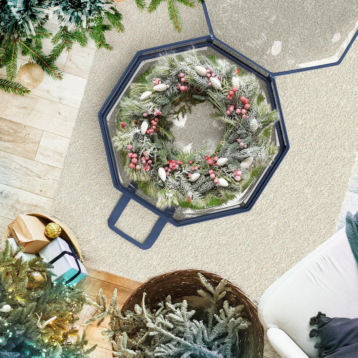 Hearth & Harbor Wreath Storage Container - Clear Christmas Wreath Storage Bag, Dual Zipper and Handles - 30" Premium Wreath Storage Organizer Box