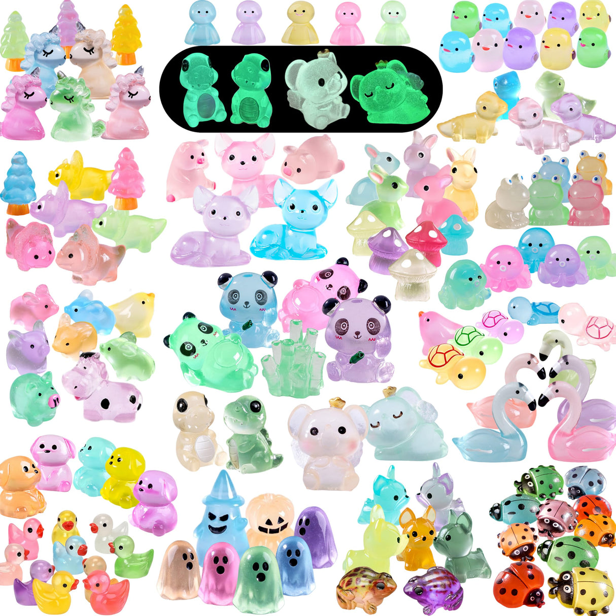 ElpizoFos 130pcs Various Luminous Mini Resin Animal Figurines Glow in The Dark Miniature Figures Ornament Fairy Garden Accessories Aquarium Landscape Bonsai Dollhouse Decor