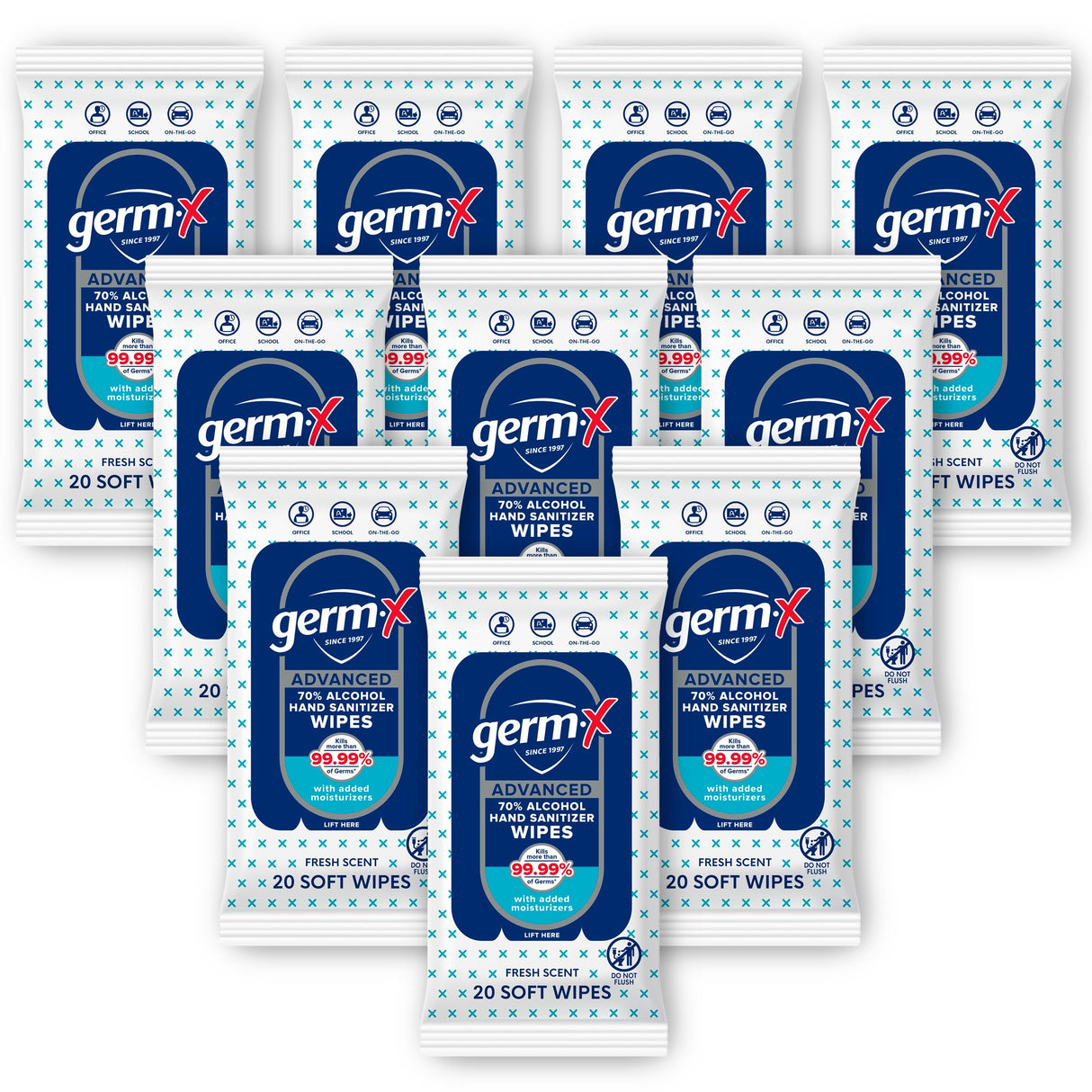 Germ-X Advanced Single-Use Hand Sanitizer Wipes, 20 Soft Wipes, Non-Drying Hand Sanitizer, Instant No Rinse Formula, Back to School Supplies, 70% Alcohol-Based Moisturizing Hand Sanitizer (Pack of 10)