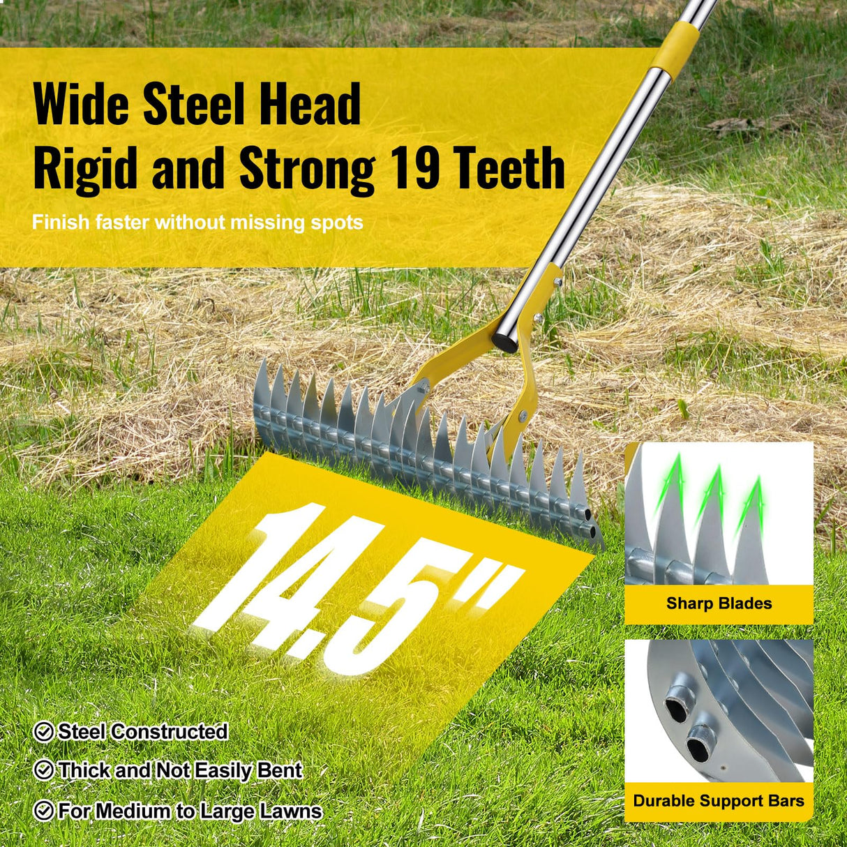 Thatch Rake, 2 in 1 Stainless Steel Garden Rake for Thatch Leaves,55” Heavy Duty 19 Tines Lawn Manual Dethatcher with Adjustable Head,Thatching Rakes for Lawn Yard Grass,Debris Removal, Soil Loosen